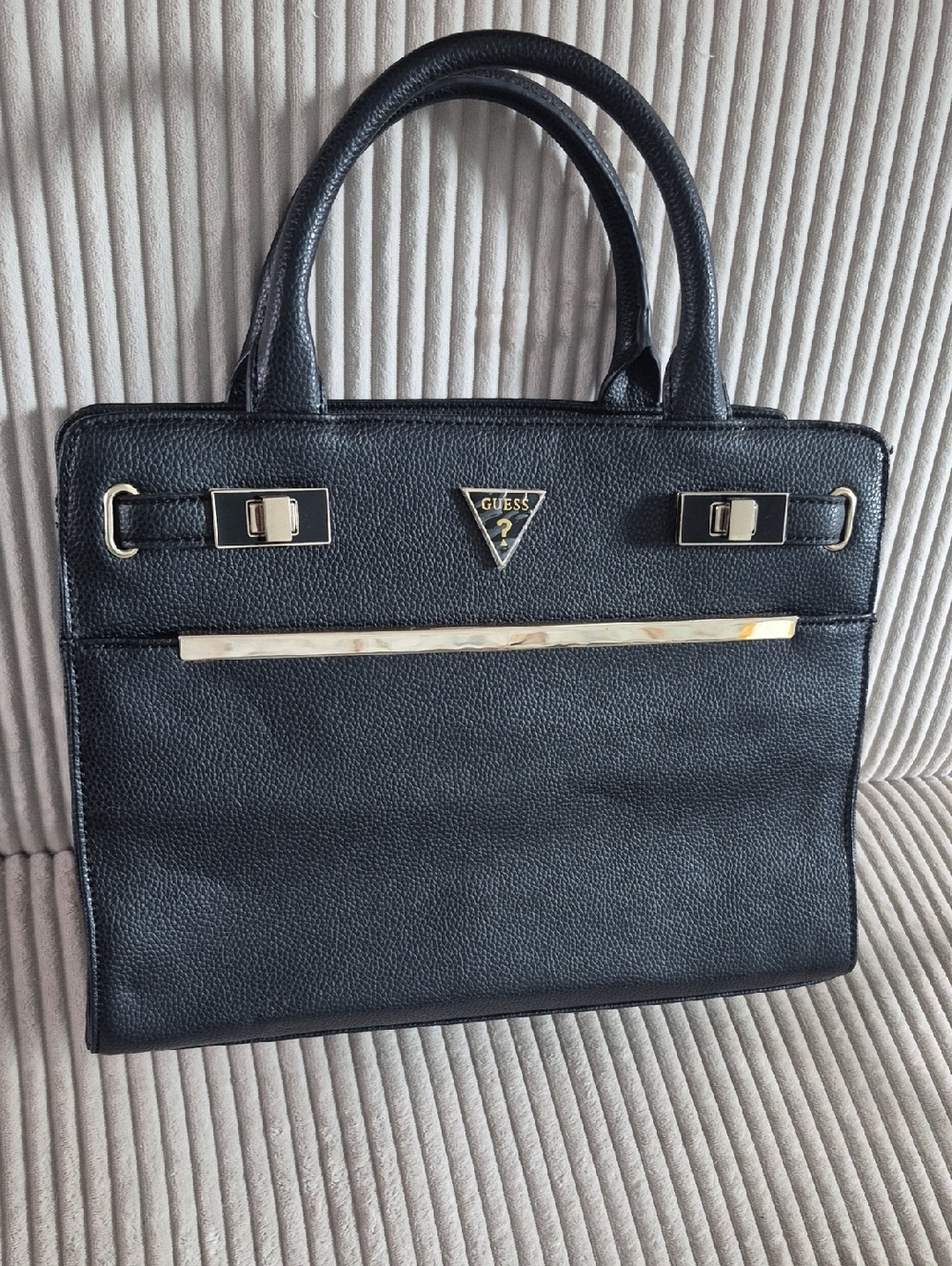 GUESS Black Pebbled Leather Satchel with Gold Accents